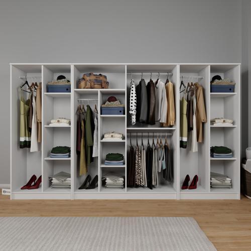 Kardelen Serisi Beyaz 8 Kapaklı 13 Raflı 300 Cm Elbise Dolabı - Gardırop Seti 180x300x51 cm