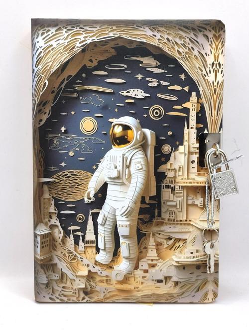 3D Görünümlü Hatıra Defteri (Günlük) Kilitli Defter 80 yaprak - Sarı Astronot