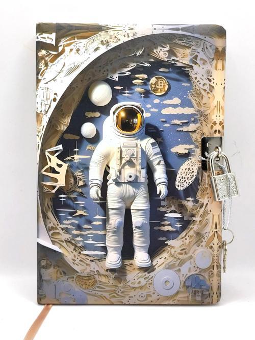 3D Görünümlü Hatıra Defteri (Günlük) Kilitli Defter 80 yaprak - Beyaz Astronot