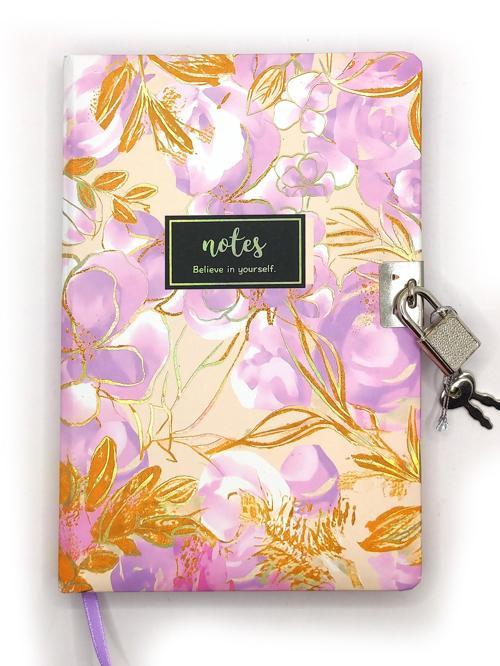 Çiçek Ebru Desen Hatıra Defteri (Günlük) Kilitli Defter 80 yaprak - Mor