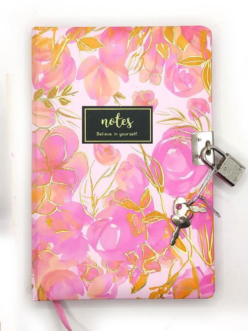 Çiçek Ebru Desen Hatıra Defteri (Günlük) Kilitli Defter 80 yaprak - Pembe