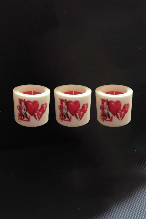 6 Cm Silindir Mum 3'Lü Set Kalp Desenli