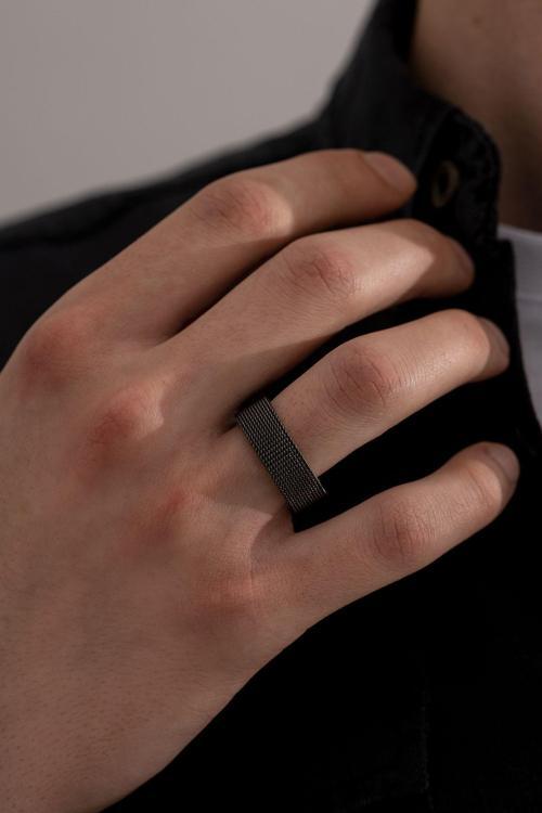 Erkek Çelik Yüzük - Paslanmaz Çelik Hasır Örme Siyah Erkek Yüzüğü