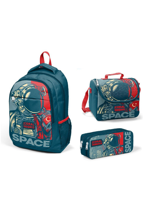 Kids Çivit Kırmızı Astronot Desenli Üç'Lü Okul Sırt Çantası Set 14389