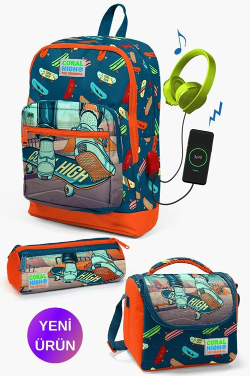 Kids Civit Neon Turuncu Kaykay Desenli Usb Girişli 3’Lü Okul Çanta Seti Goset0123823