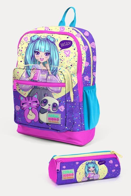 Kids Mor Pembe Anime Kız Desenli 2'Li Okul Çanta Seti Set0223735
