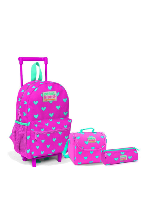 Kids Neon Anaokulu Pembe Su Yeşili Kalp Desenli Üçlü Çanta Seti