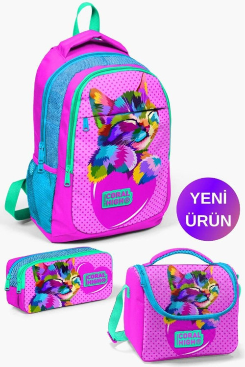 Kids Pembe Mavi Simli Kedi Desenli 3’Lü Okul Çanta Seti Goset014387