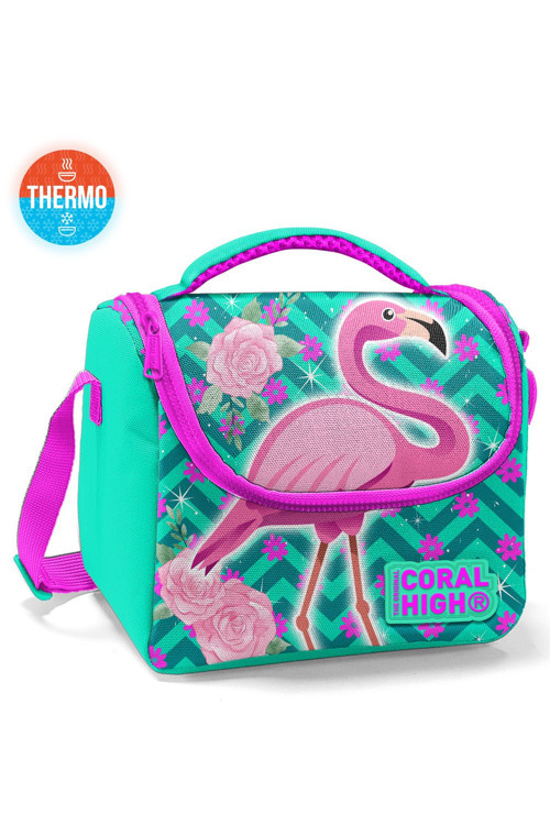 Kids Su Yeşili Pembe Flamingo Desenli Thermo Beslenme Çantası 11835