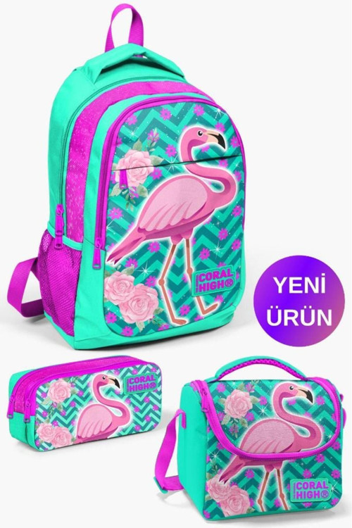 Kids Su Yeşili Pembe Simli Flamingo Desenli 3’Lü Okul Çanta Seti Goset0114382