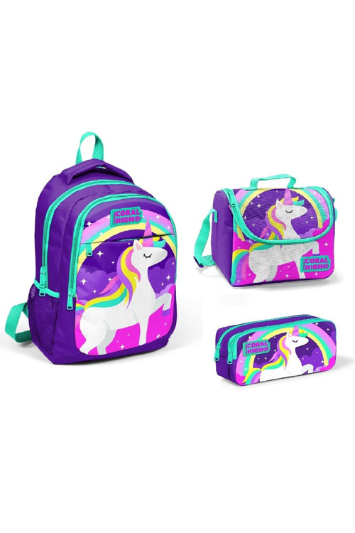 Kids Unicorn Desenli Üç Bölmeli 3'Lü Çanta Set