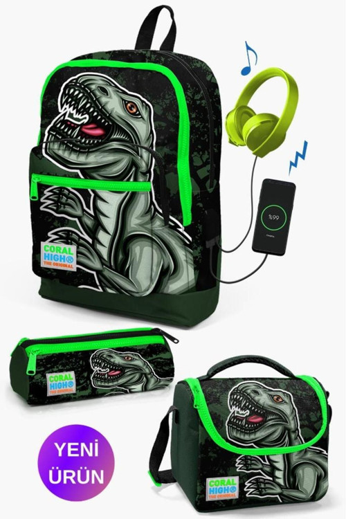 Kids Koyu Yeşil Siyah Dinazor Desenli Usb'Li 3’Lü Okul Çanta Seti Goset0123825