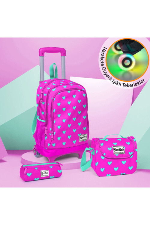 Kız Çocuk Pembe Adalinhome Kıds Desenli Çekçekli Okul Çantası 3'Lü Set