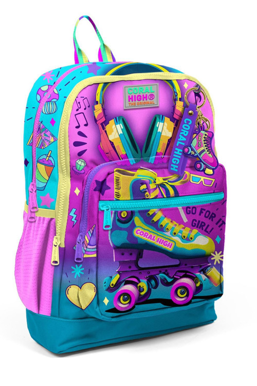 Kids Pembe Turkuaz Kulaklık Paten Desenli Okul Sırt Çantası 23754