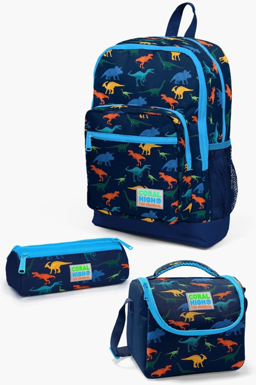 Kids Lacivert Mavi Dinazor Desenli 3’Lü Okul Çanta Seti Set0123115