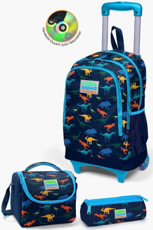 Kids Lacivert Mavi Dinozor Desenli Çekçekli 3'Lü Çanta Seti Set0123135