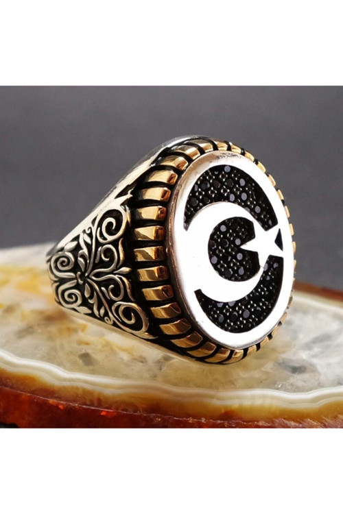 Nano Taşlı Ayyıldız Erkek Gümüş Yüzük