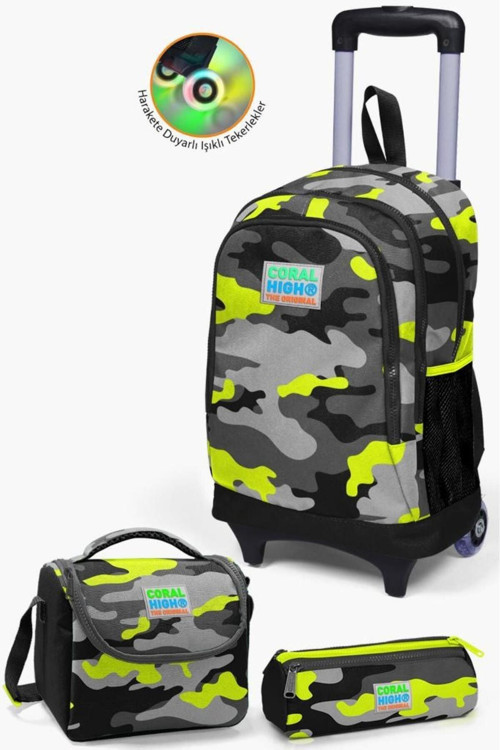 Kids Siyah Gri Kamuflaj Desenli Çekçekli 3'Lü Çanta Seti Set0123137