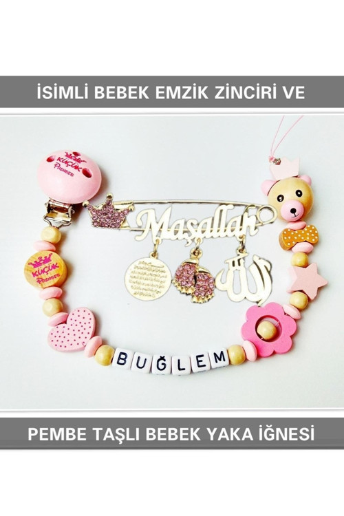 Isimli Bebek Emzik Zinciri Ve Pembe Taşlı Bebek Yaka Iğnesi Tybezyı033
