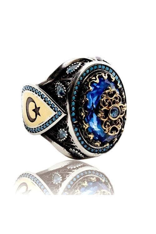 Ayyıldız Işlemeli Aqua Marine Taşlı Özel Işcilikli Erkek Gümüş Yüzük