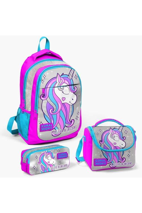 Coral High Kids Pembe Gümüş Simli Unicorn Desenli 3’Lü Okul Çanta Seti