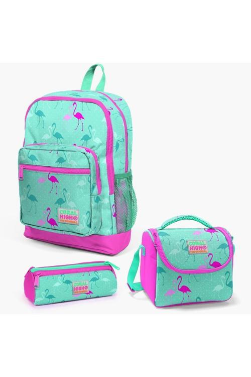 Coral High Kids Su Yeşili Neon Pembe Flamingo Desenli 3’Lü Okul Çanta Seti