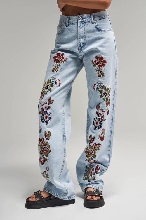 Kadın Snow Kot Rengi 4S5-3 Çiçek Nakışlı Loose Fit %100 Koton Tasarım Denim Jean
