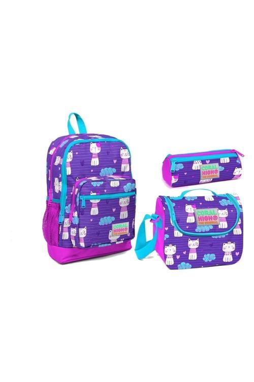 Coral High Mor Kedi Desenli 3'Lü Ilkokul Çanta Seti 23464