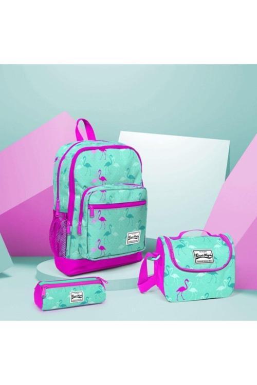 Coral High Pembe Yeşil Flamingo Desenli Ilk-Ortaokul Çanta Seti