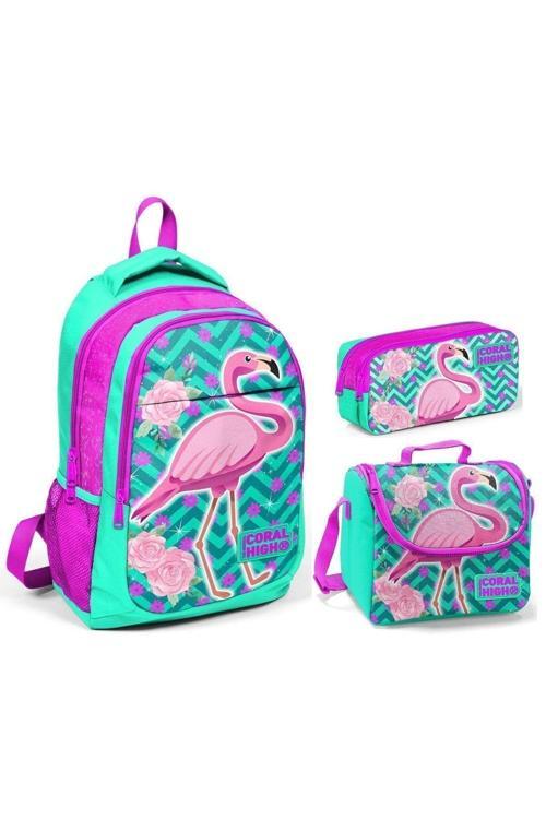 Coral High Yeşil Flamingo Kız Çocuk Ilkokul Çanta Seti - Sırt Çantası+Beslenme+Kalemlik