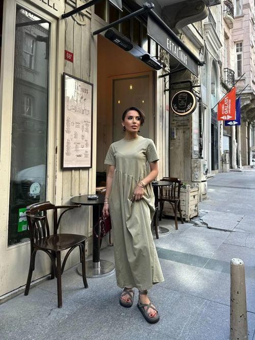 Çağla Yeşili %100 Pamuk Kadın Elbise