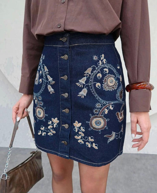 Nakışlı Denim Mini Etek