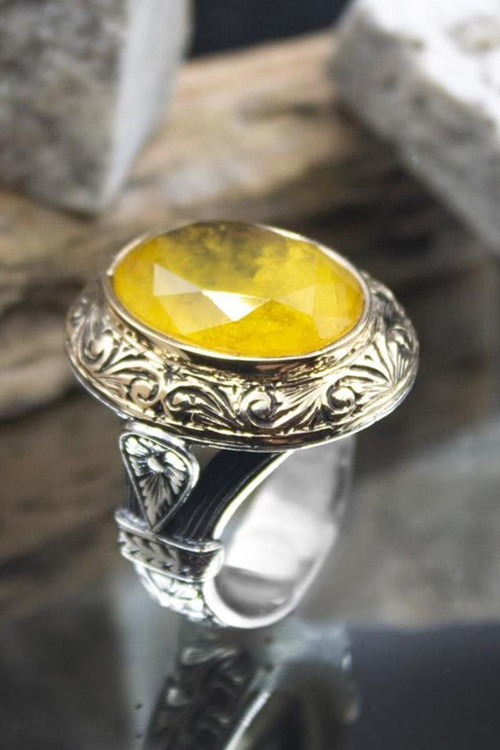 Sarı Paraiba Taşlı Yanları Işlemeli Oval 925 Ayar Gümüş Erkek Yüzük