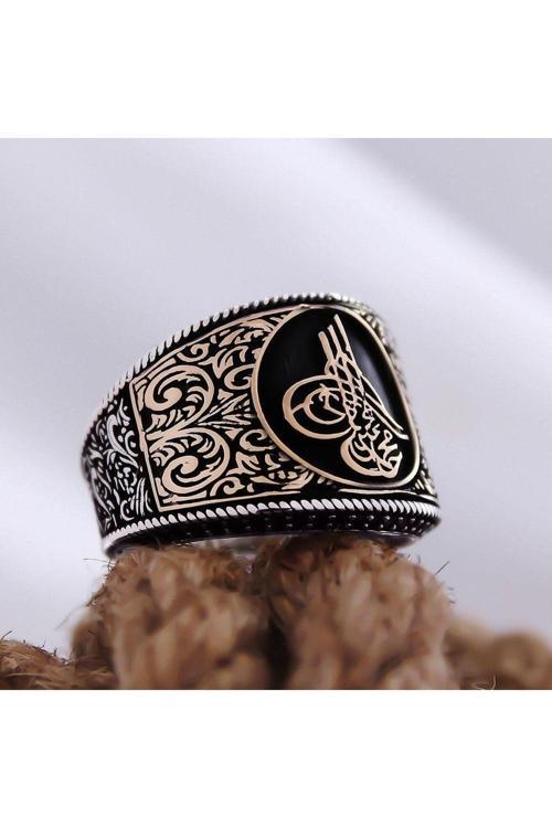 Osmanlı Tuğralı Yanı Işlemeli Özel Seri Erkek Gümüş Yüzük