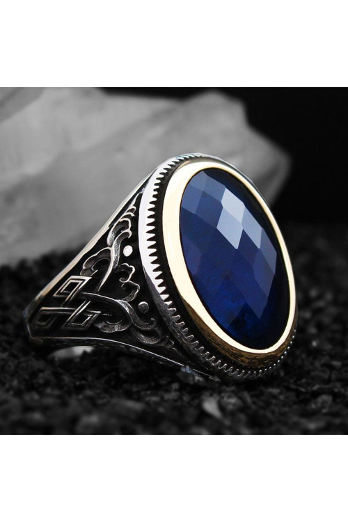 Lacivert Safir Kristal Kesim Taşlı Özel Seri Erkek Gümüş Yüzük