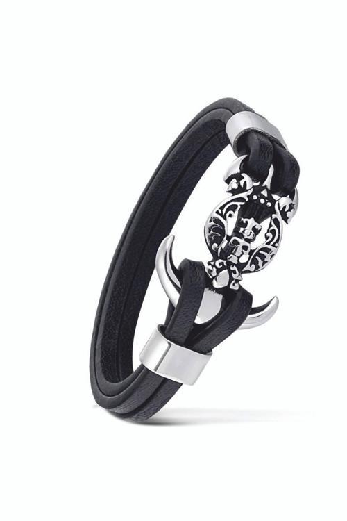 Unisex Çelik Ve Deri Bilekli Kurukafa Ve Çapa Figürlü