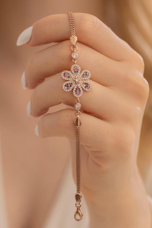 Kadın Bileklik- Rose Gümüş Renkli Çiçek Motifli Kadın Bileklik