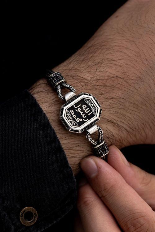 Erkek Gümüş Bileklik - Mührü Şerif Motifli Tilkikuyruğu Zincirli 925 Ayar Gümüş Bileklik