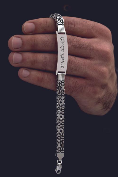 Erkek Gümüş Bileklik - İsim Yazılabilir 4Mm Kare Kral Gümüş Bileklik