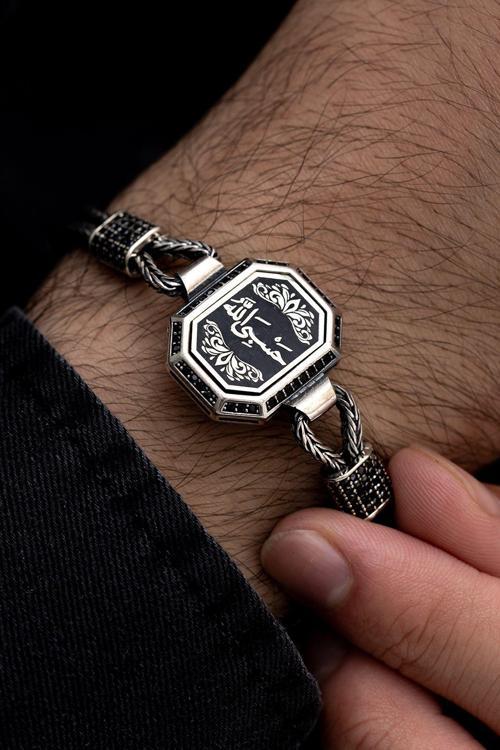 Erkek Gümüş Bileklik - Hasbinallah (Allah Bize Yeter) Motifli Tilkikuyruğu Zincirli Gümüş Bileklik