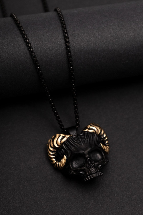 Erkek Kolye - Gotik Boynuzlu Kurukafa Model Erkek Çelik Kolye - 316 L Paslanmaz Çelik