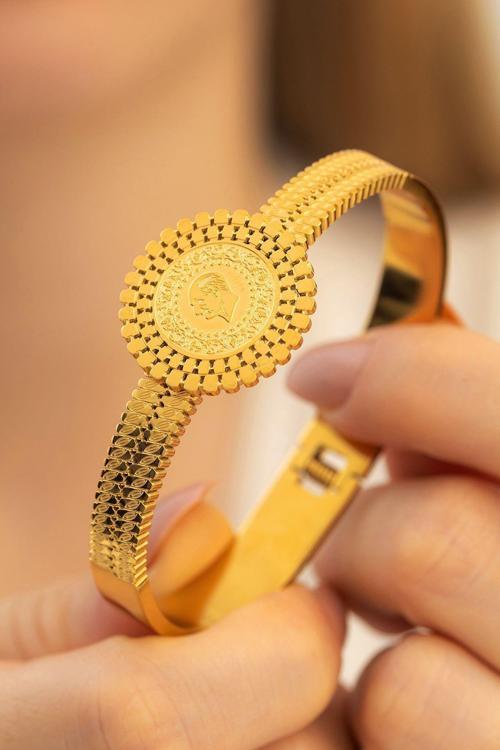 Kadın Bileklik - 22 Ayar Gerçek Altın Kaplama (Kararmaz) Kadın Kelepçe Yaprak İşlemeli