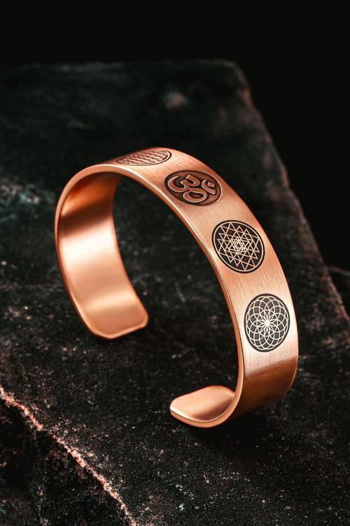 Erkek Bakır Bileklik - Yaşam Çiçeği - Lotus - Sri Yantra - Om Sembolü - Erkek Bakır Kelepçe Bileklik