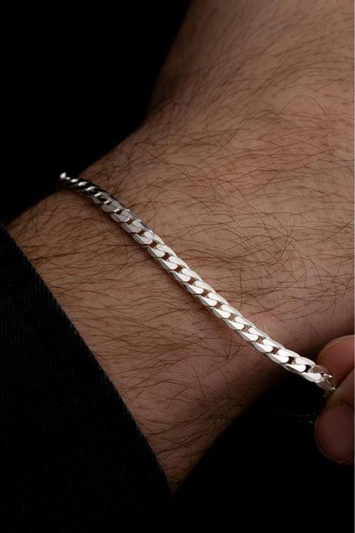 Erkek Gümüş Bileklik - 925 Ayar Ezme Gurmet Gümüş Bileklik 4Mm