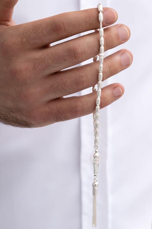 Gümüş Tespih Arpakesim Çizgili Orta Boy 15Gr