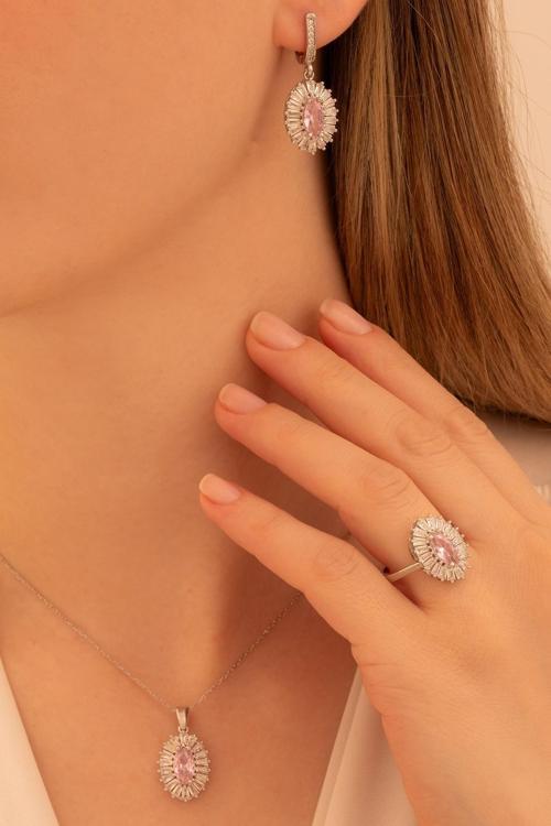 Kadın Gümüş Set - Mekik Model Pembe Zirkon Taşlı Baget Süslemeli Rodyumlu Kadın Set