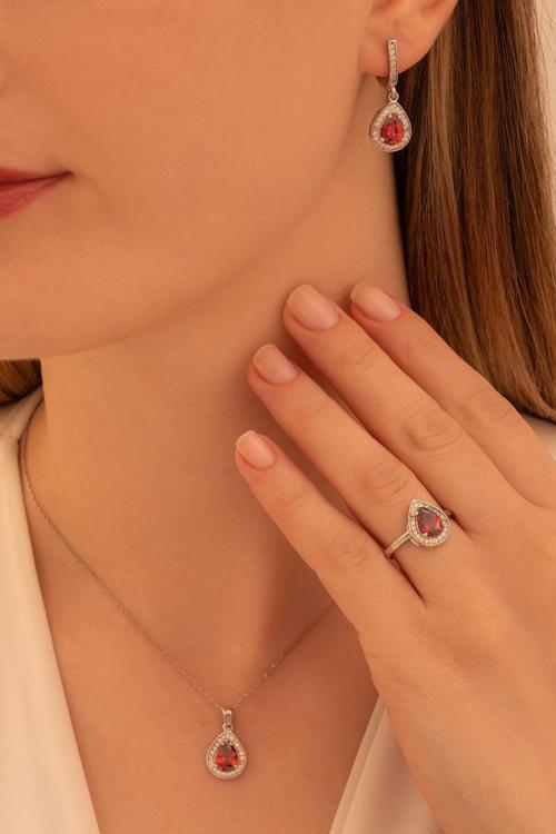 Kadın Gümüş Set - Oval Damla Model Kırmızı Zirkon Taşlı Baget Süslemeli Rodyumlu Kadın Set
