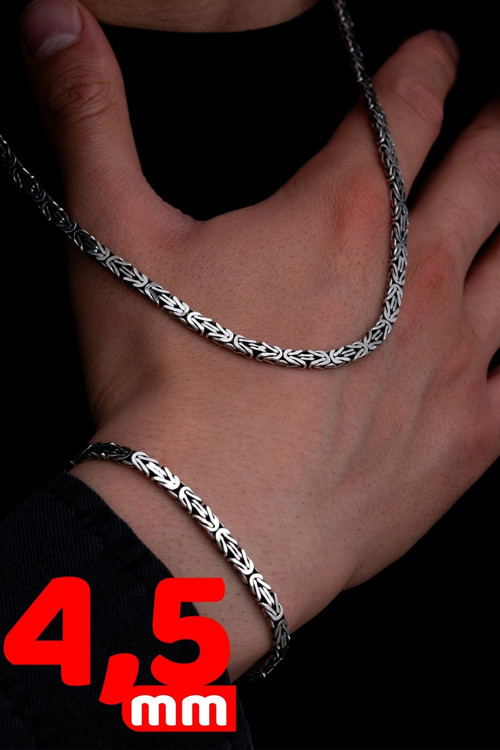 Erkek Gümüş Kolye Bileklik Set - 4.5Mm Dikdörtgen Kesim Yassı Kral Gümüş Kolye Bileklik Set