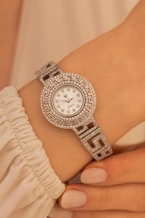 Kadın Gümüş Saat - Gelin Saati - Düğün Saati - Zirkon Taşlı 925 Ayar Gümüş Kadın Saat