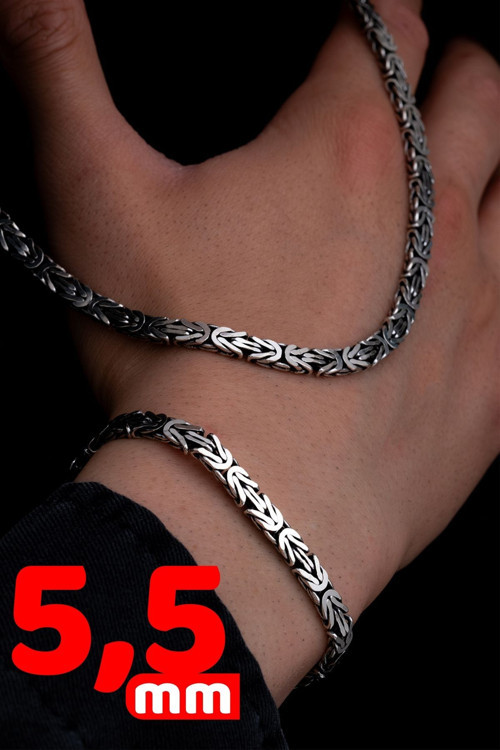 Erkek Gümüş Kolye Bileklik Set - 5.5Mm Dikdörtgen Kesim Yassı Kral Gümüş Kolye Bileklik Set